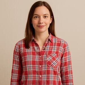SO Women's Red & White Plaid Button-Down Shirt Size XL – Long Sleeve Casual Top